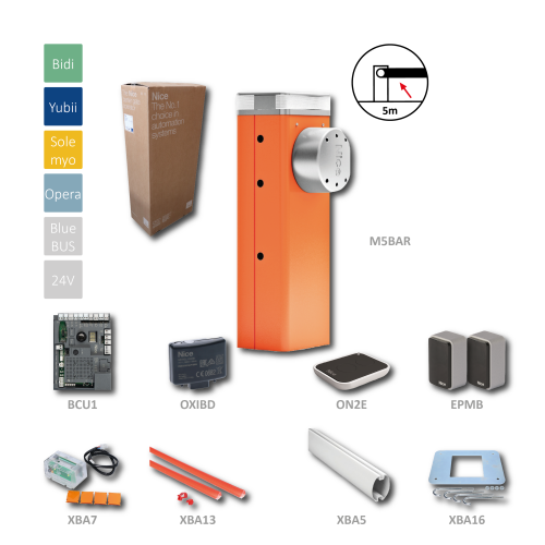 KIT - automatická závora do 5 m, motor 24 V, 120 W, 200 Nm, s řídící jednotkou XBA3R10 (SPBCU1), 1x XBA5, 2x XBA13, 1x OXIBD, 1x ON2E, 1pár EPMB, 1x XBA7